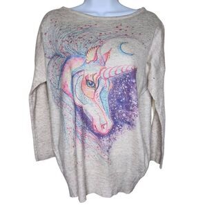 Unicorn Sweater Womens Size M Oatmeal Purple Pink Pullover Thin Knit Ribbed